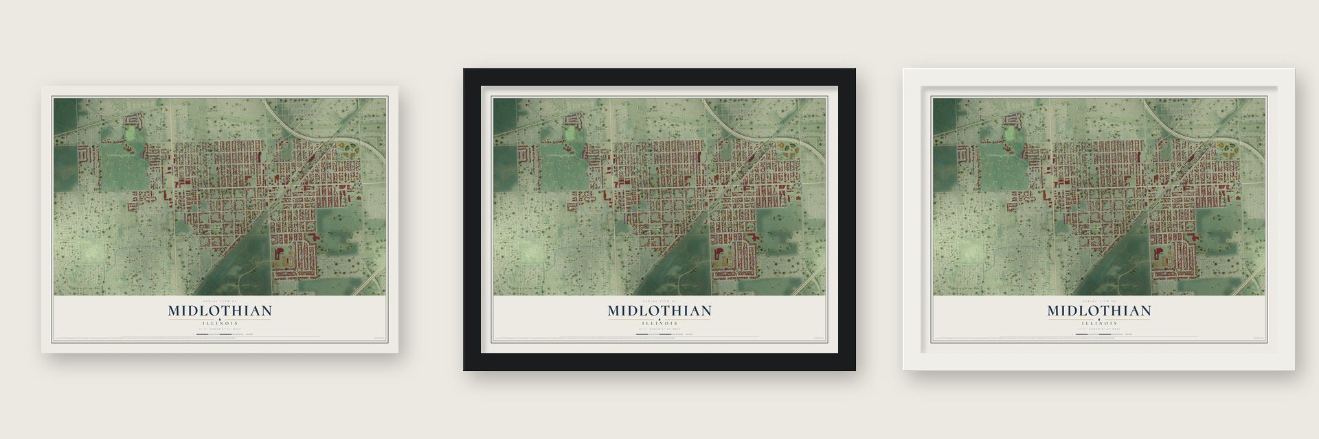 Midlothian, Illinois map unframed, in a black wood frame and in a white wood frame