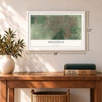 Midlothian, Illinois map, 12 x 18 inch print in a white frame in an entryway