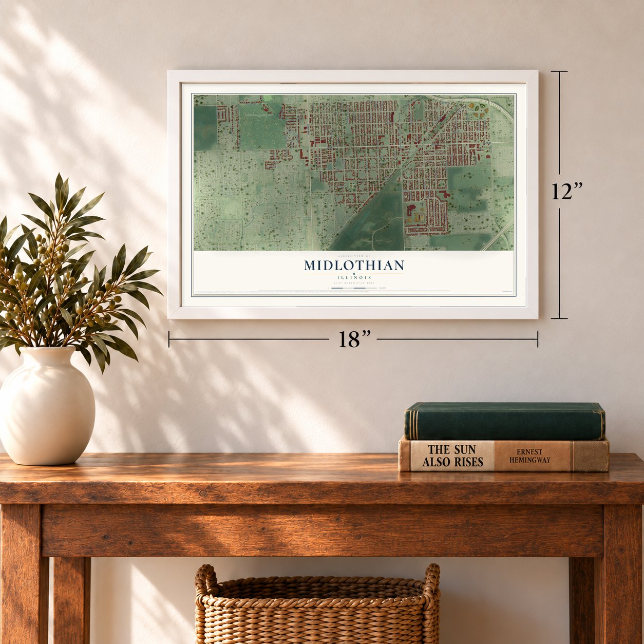 Midlothian, Illinois map, 12 x 18 inch print in a white frame in an entryway