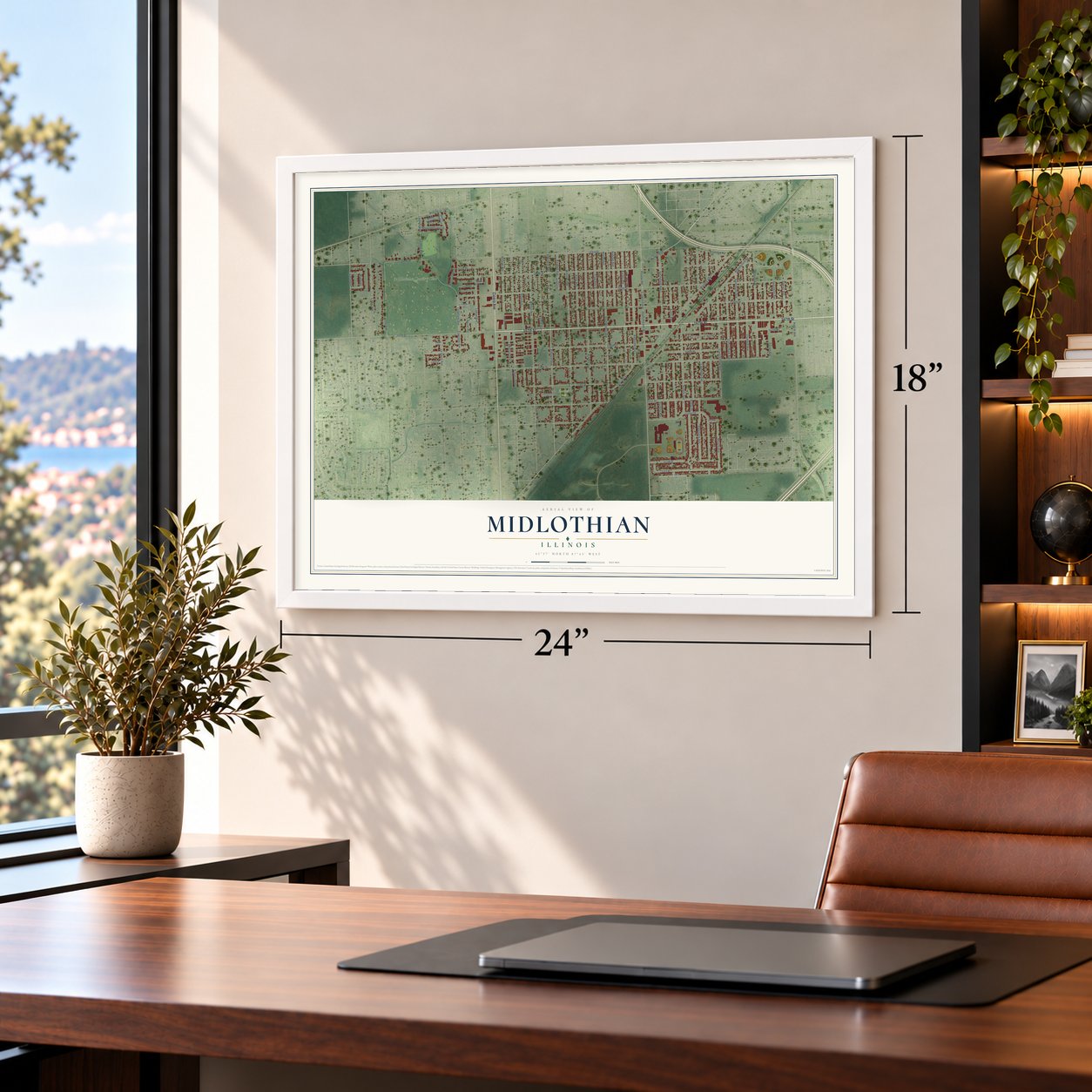 Midlothian, Illinois map, 18 x 24 inch print in a white frame in a home office