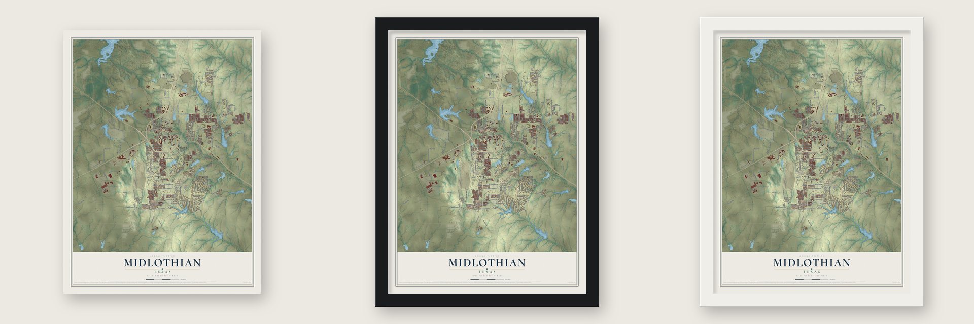 Midlothian, Texas map unframed, in a black wood frame and in a white wood frame