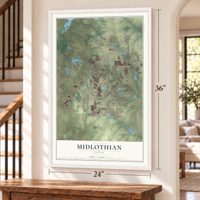 Midlothian, Texas map, 24 x 36 inch print in a white frame by a staircase