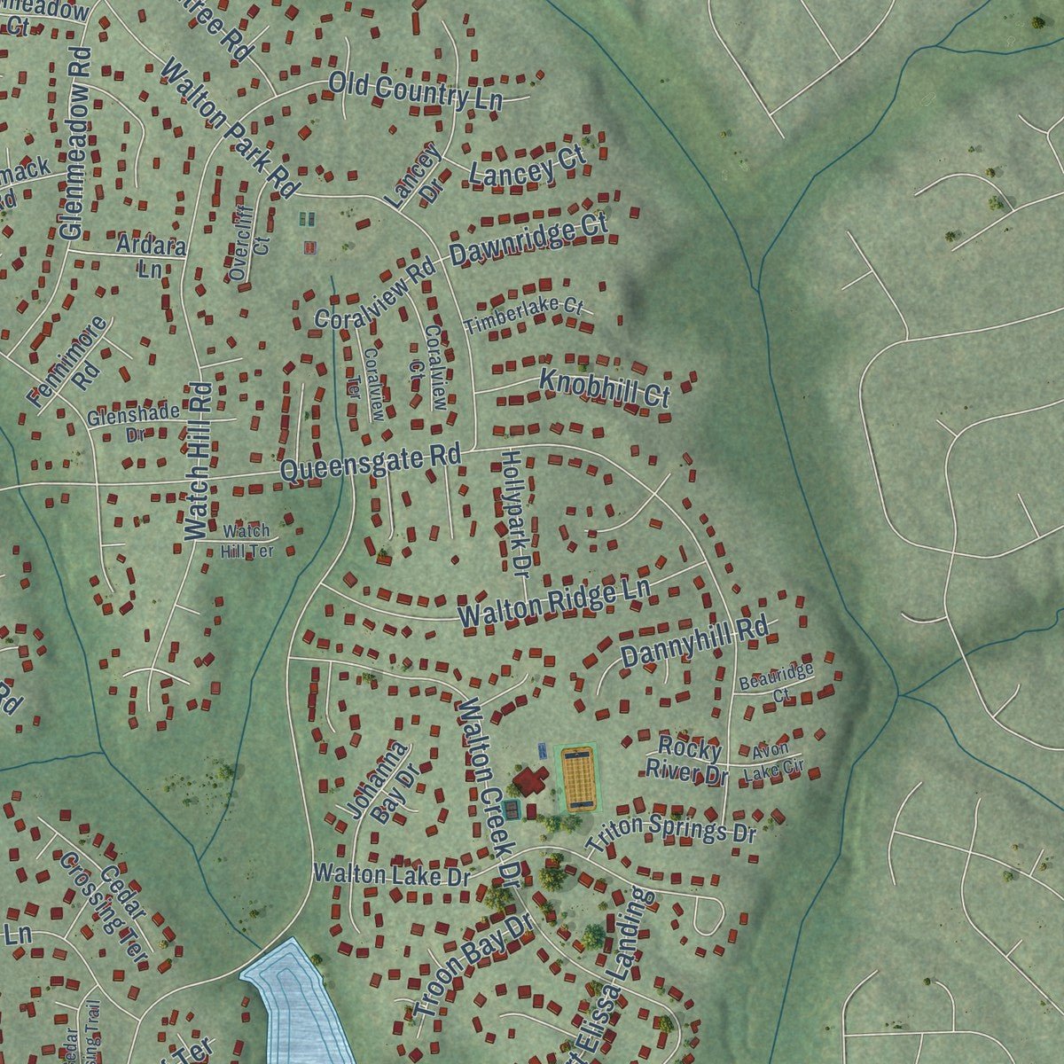 Second close-up of the map of Midlothian, Virginia print showing more streets and buildings