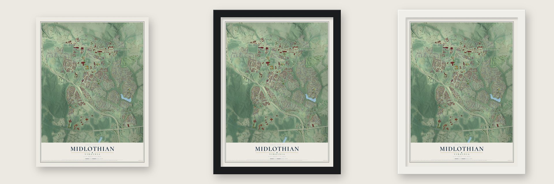 Midlothian, Virginia map unframed, in a black wood frame and in a white wood frame