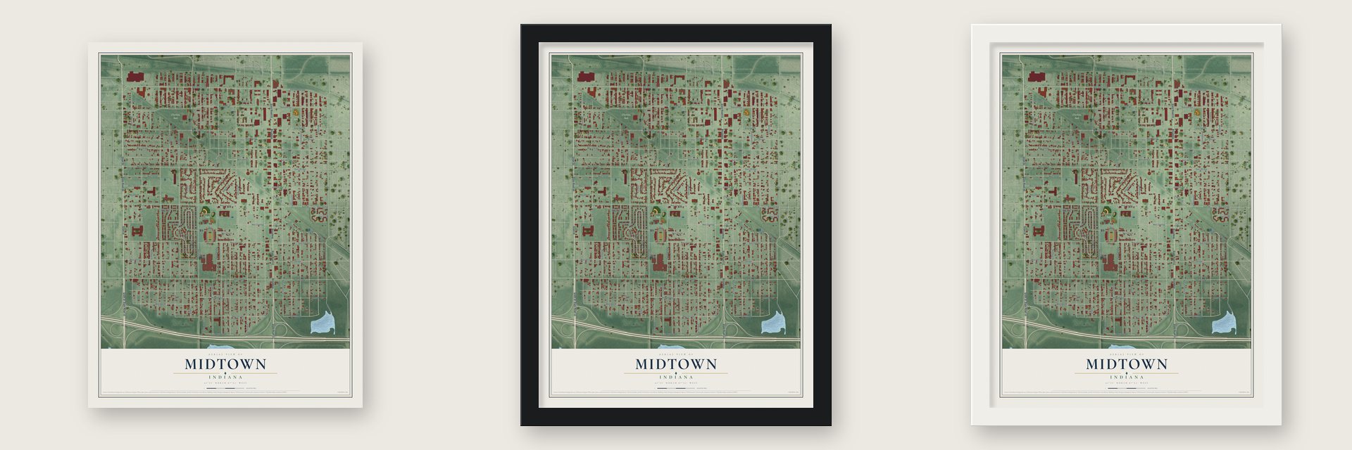 Midtown, Indiana map unframed, in a black wood frame and in a white wood frame