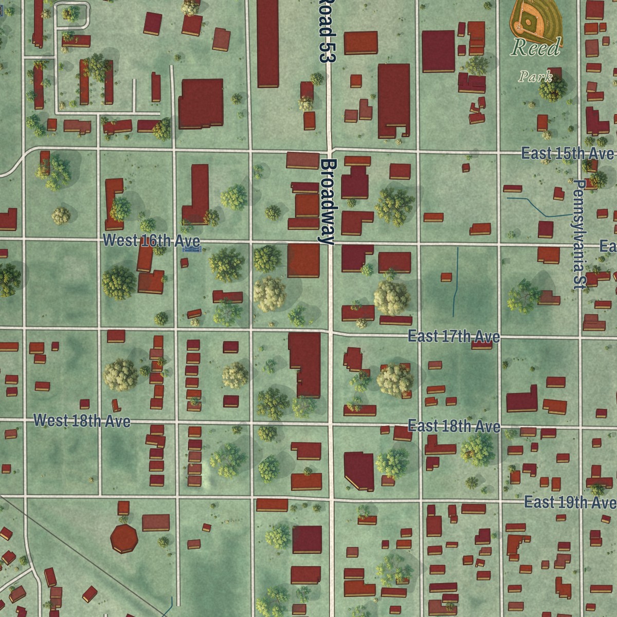 Second close-up of the map of Midtown, Indiana print showing more streets and buildings