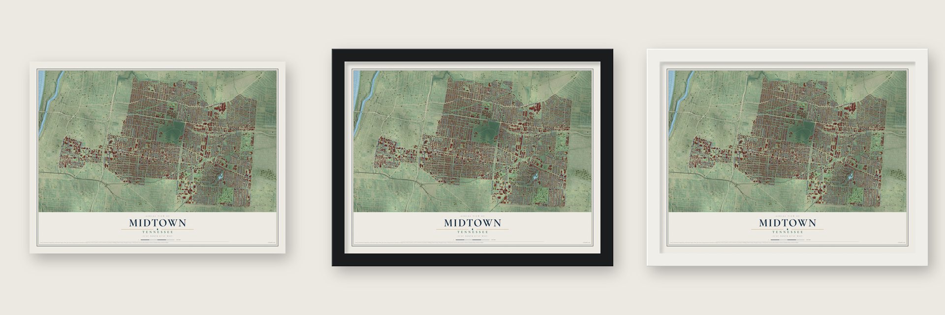 Midtown, Memphis, Tennessee map unframed, in a black wood frame and in a white wood frame