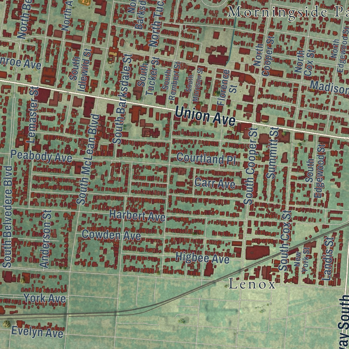 Second close-up of the map of Midtown, Memphis, Tennessee print showing more streets and buildings