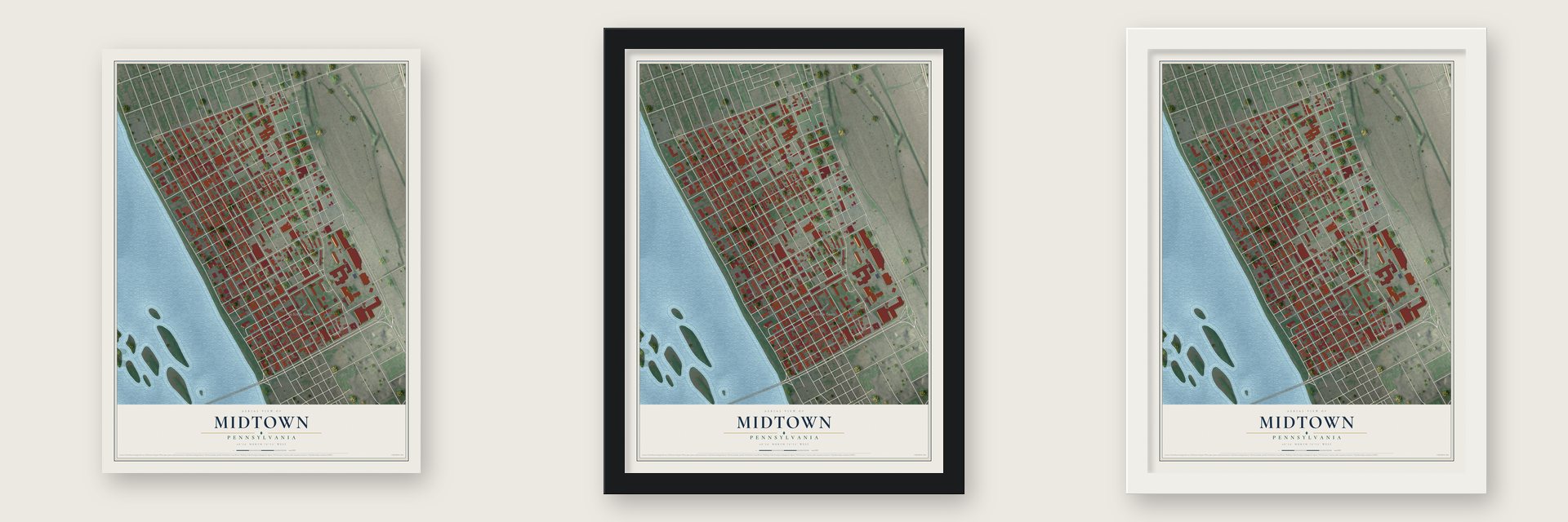 Midtown, Pennsylvania map unframed, in a black wood frame and in a white wood frame