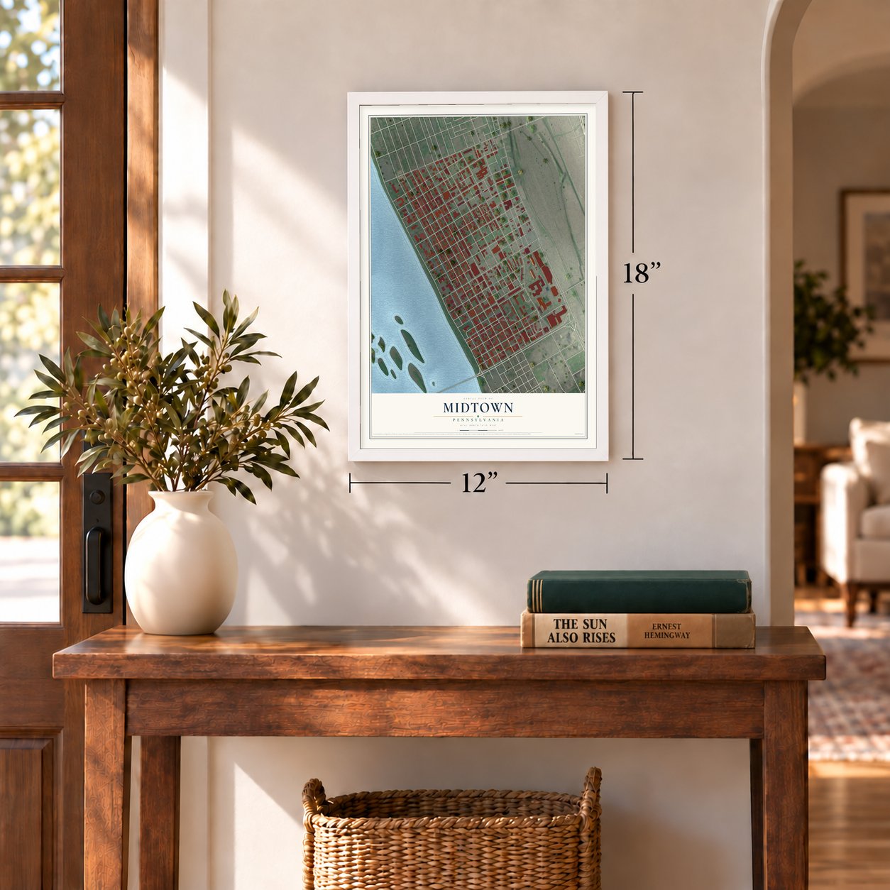 Midtown, Pennsylvania map, 12 x 18 inch print in a white frame in an entryway