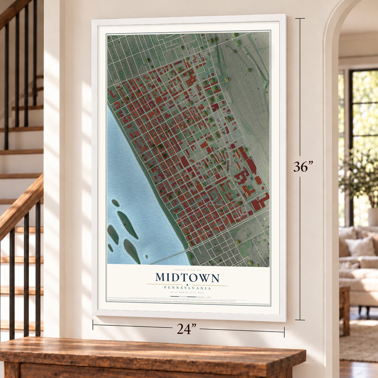Midtown, Pennsylvania map, 24 x 36 inch print in a white frame by a staircase