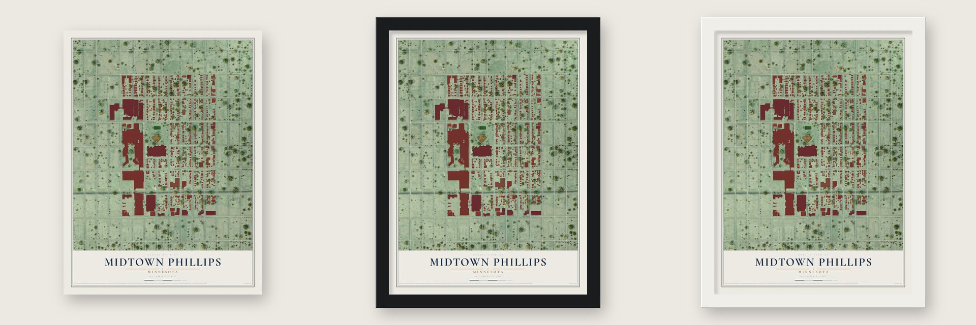 Midtown Phillips, Minnesota map unframed, in a black wood frame and in a white wood frame