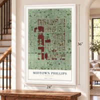 Midtown Phillips, Minnesota map, 24 x 36 inch print in a white frame by a staircase