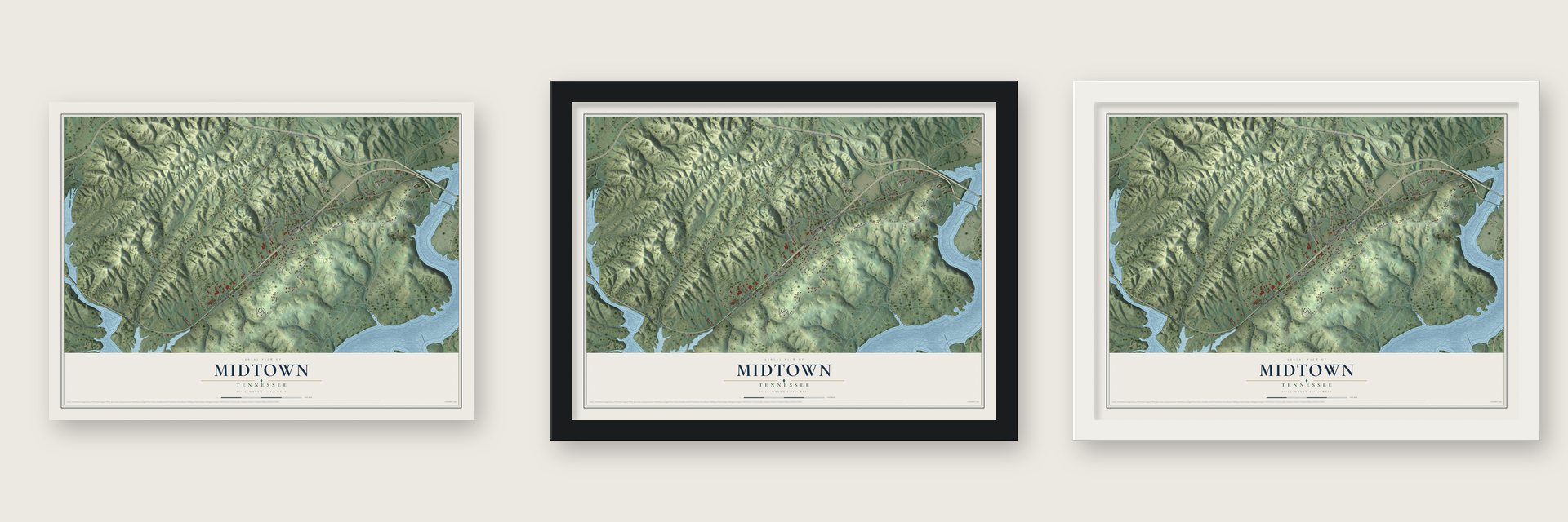 Midtown, Tennessee map unframed, in a black wood frame and in a white wood frame