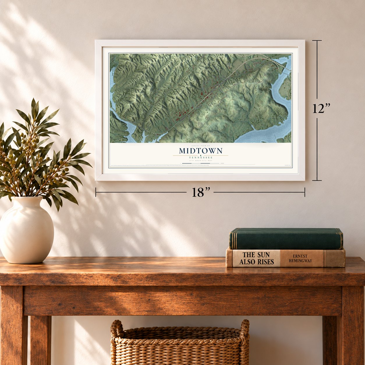 Midtown, Tennessee map, 12 x 18 inch print in a white frame in an entryway