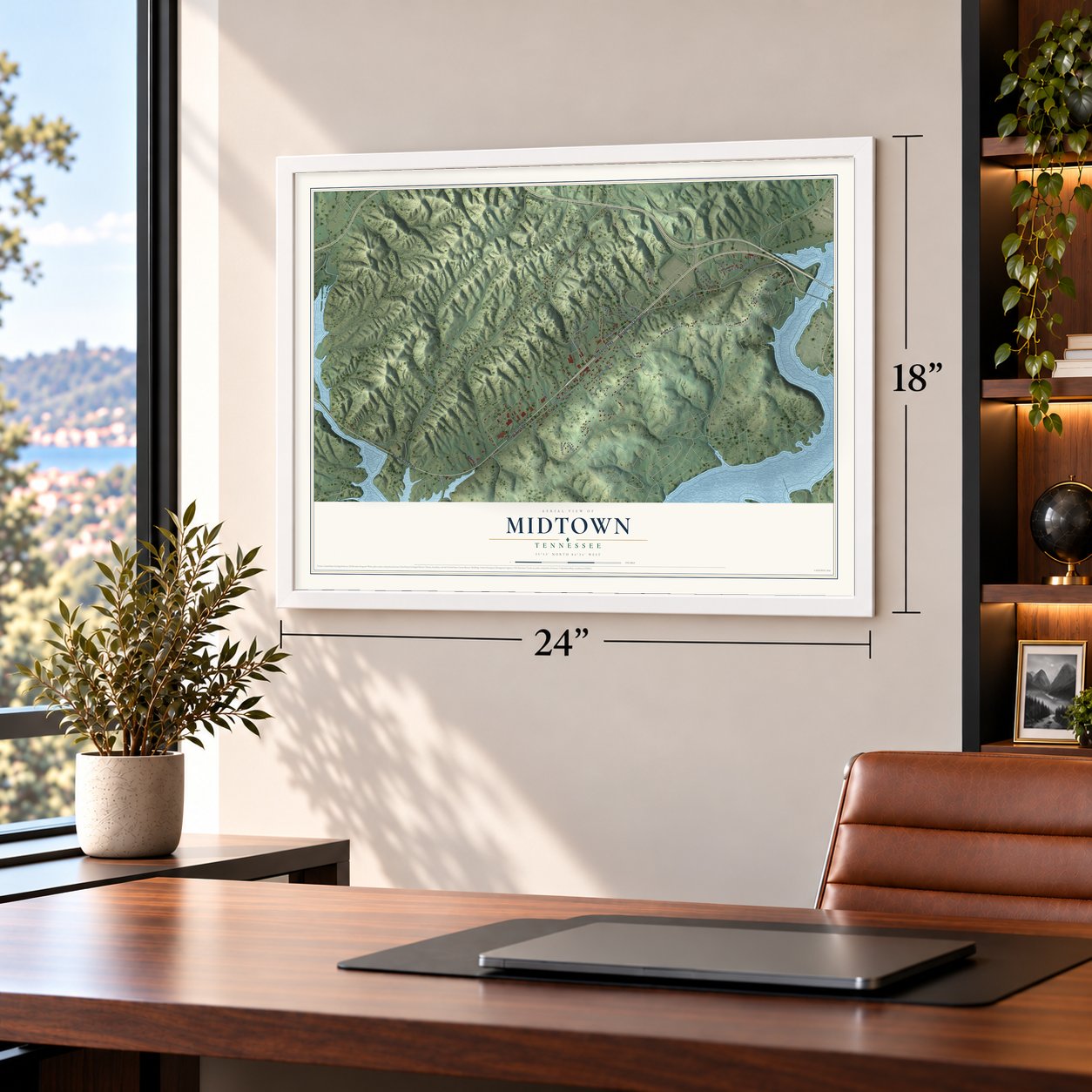 Midtown, Tennessee map, 18 x 24 inch print in a white frame in a home office