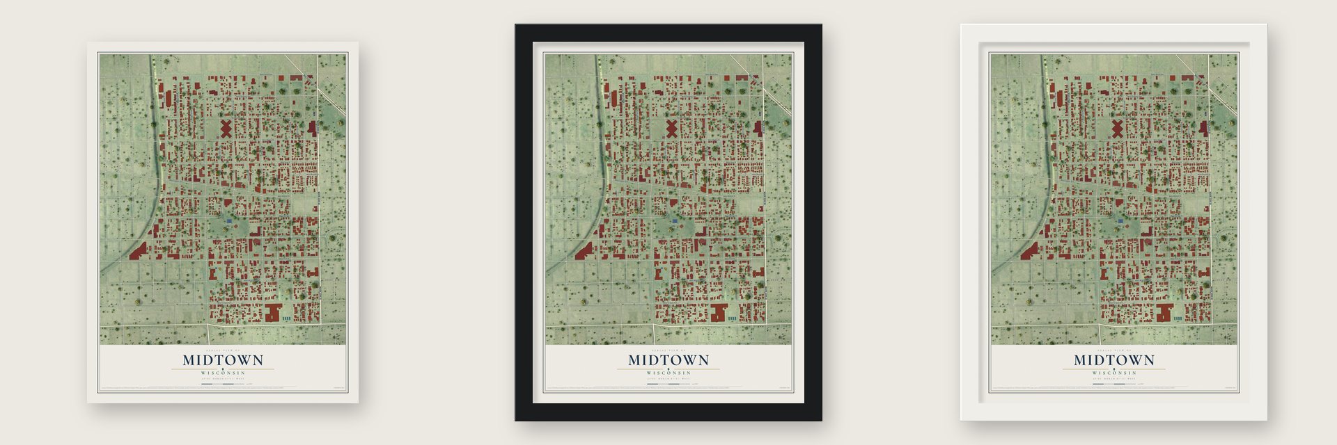 Midtown, Wisconsin map unframed, in a black wood frame and in a white wood frame