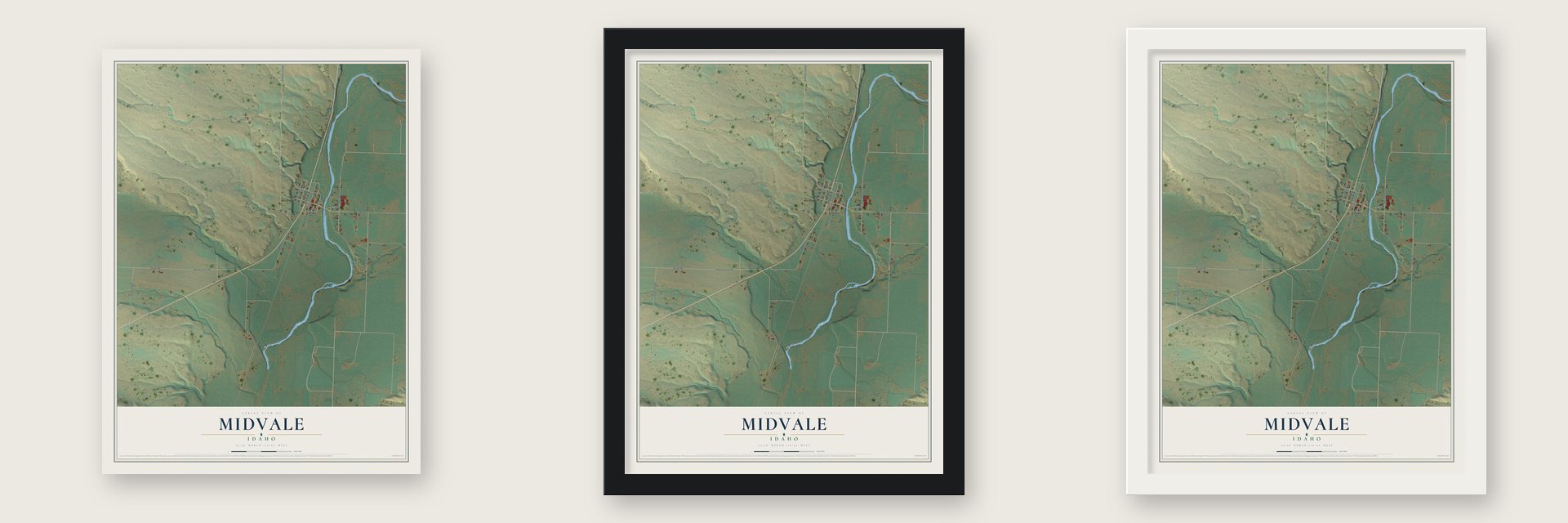 Midvale, Idaho map unframed, in a black wood frame and in a white wood frame