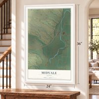 Midvale, Idaho map, 24 x 36 inch print in a white frame by a staircase
