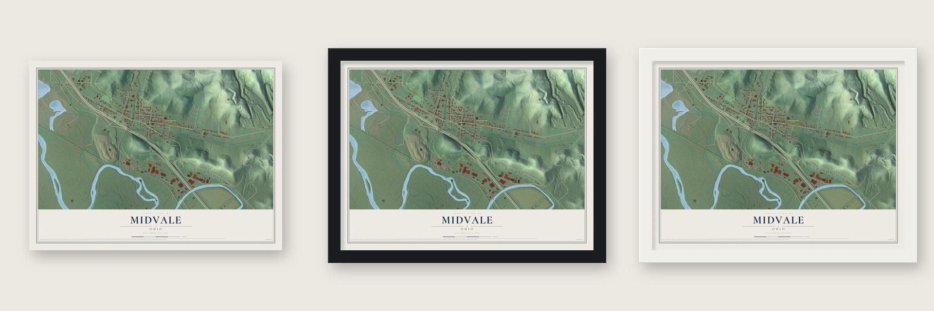 Midvale, Ohio map unframed, in a black wood frame and in a white wood frame
