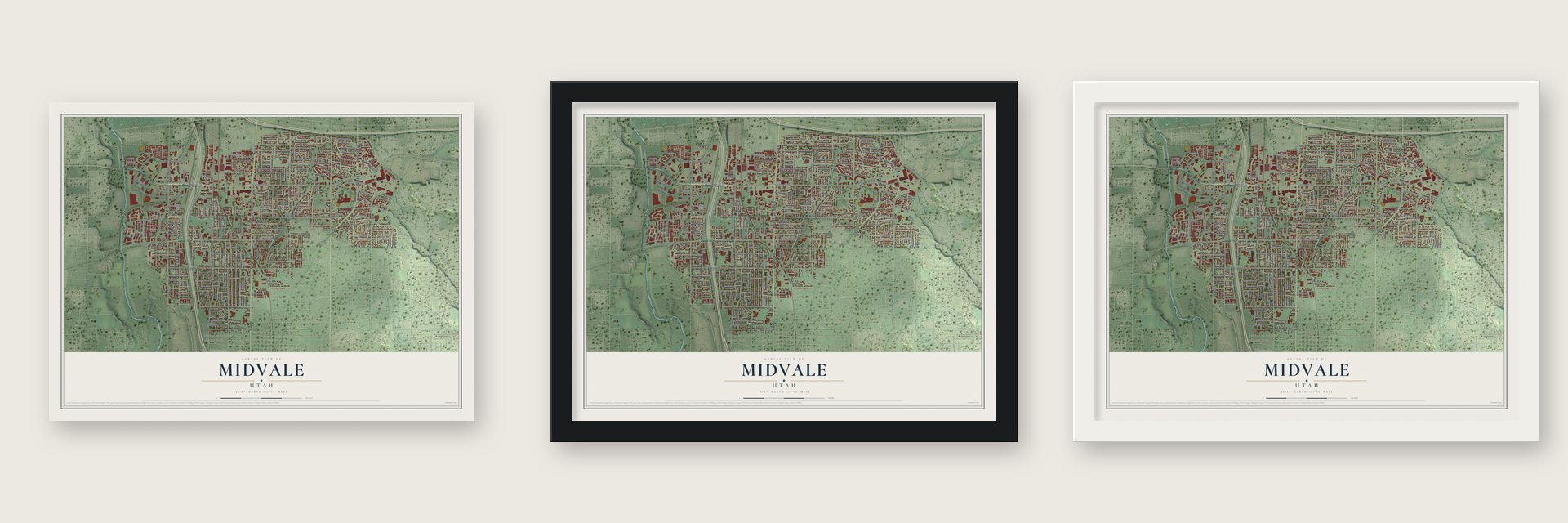 Midvale, Utah map unframed, in a black wood frame and in a white wood frame