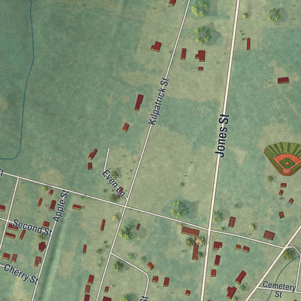 Second close-up of the map of Midville, Georgia print showing more streets and buildings