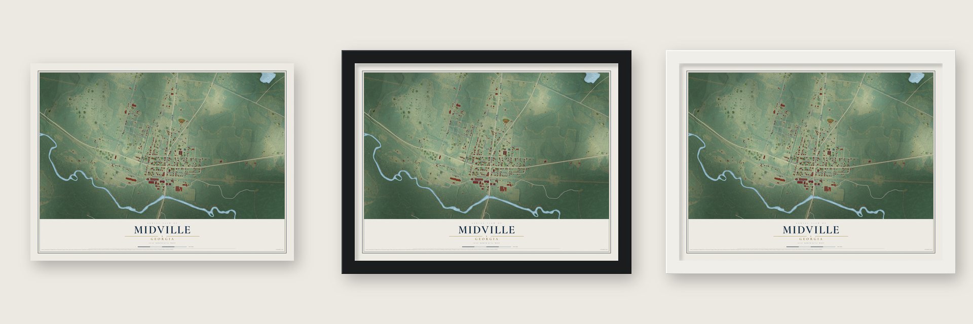 Midville, Georgia map unframed, in a black wood frame and in a white wood frame