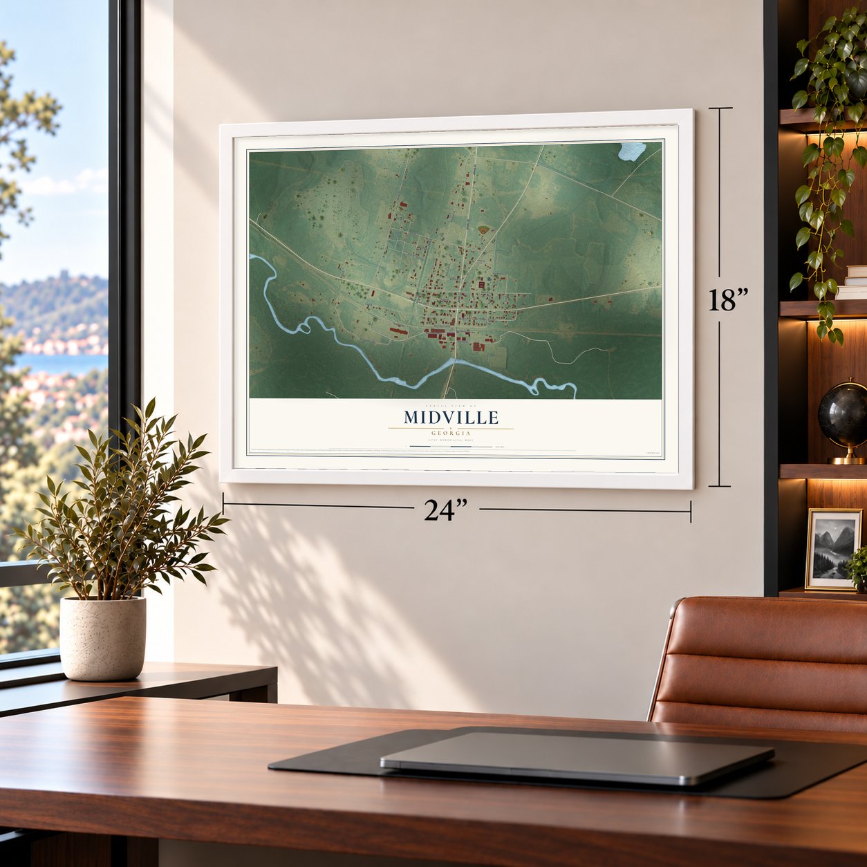 Midville, Georgia map, 18 x 24 inch print in a white frame in a home office