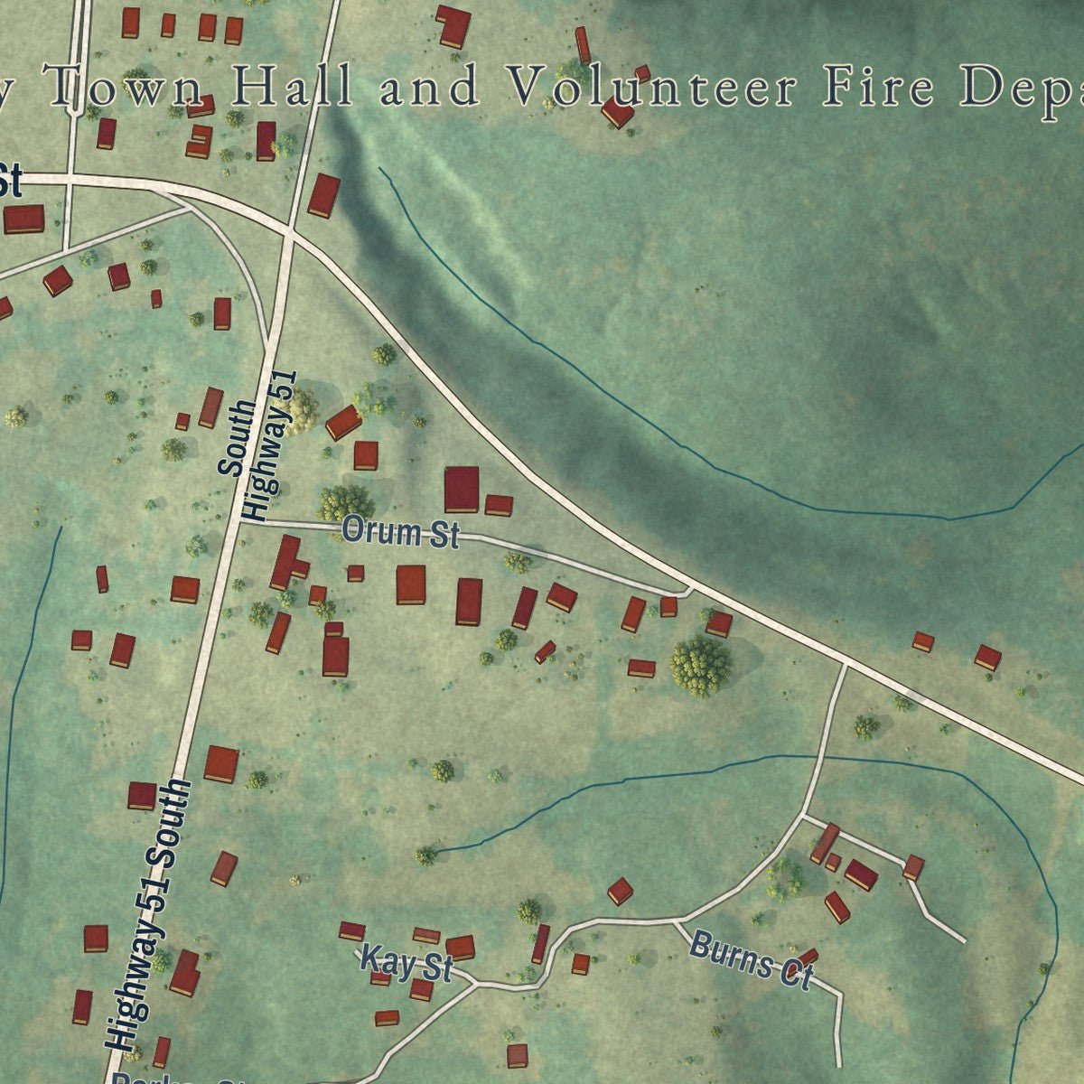 Second close-up of the map of Midway, Alabama print showing more streets and buildings