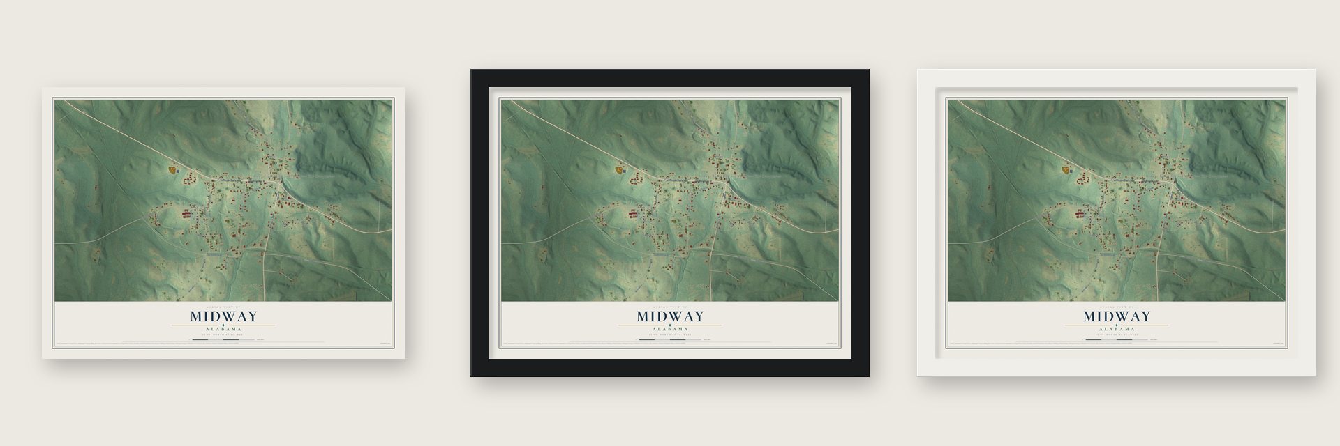 Midway, Alabama map unframed, in a black wood frame and in a white wood frame