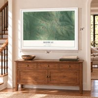 Midway, Alabama map, 24 x 36 inch print in a white frame above a dresser by a staircase