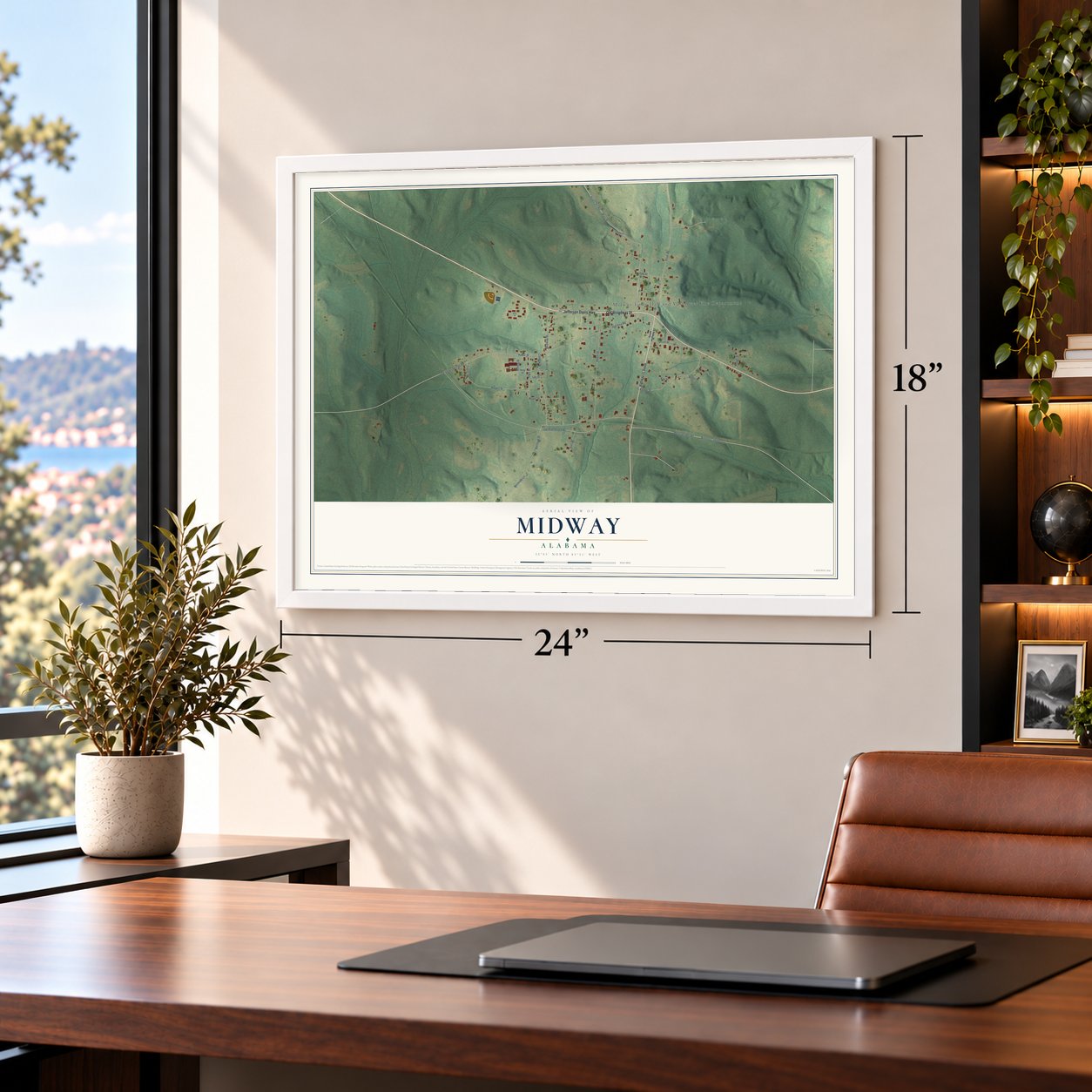 Midway, Alabama map, 18 x 24 inch print in a white frame in a home office