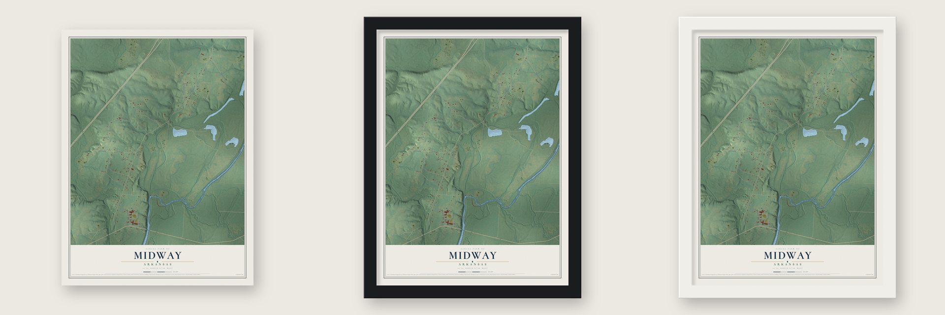 Midway, Arkansas map unframed, in a black wood frame and in a white wood frame