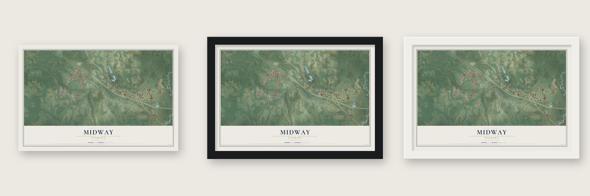 Midway, Florida map unframed, in a black wood frame and in a white wood frame