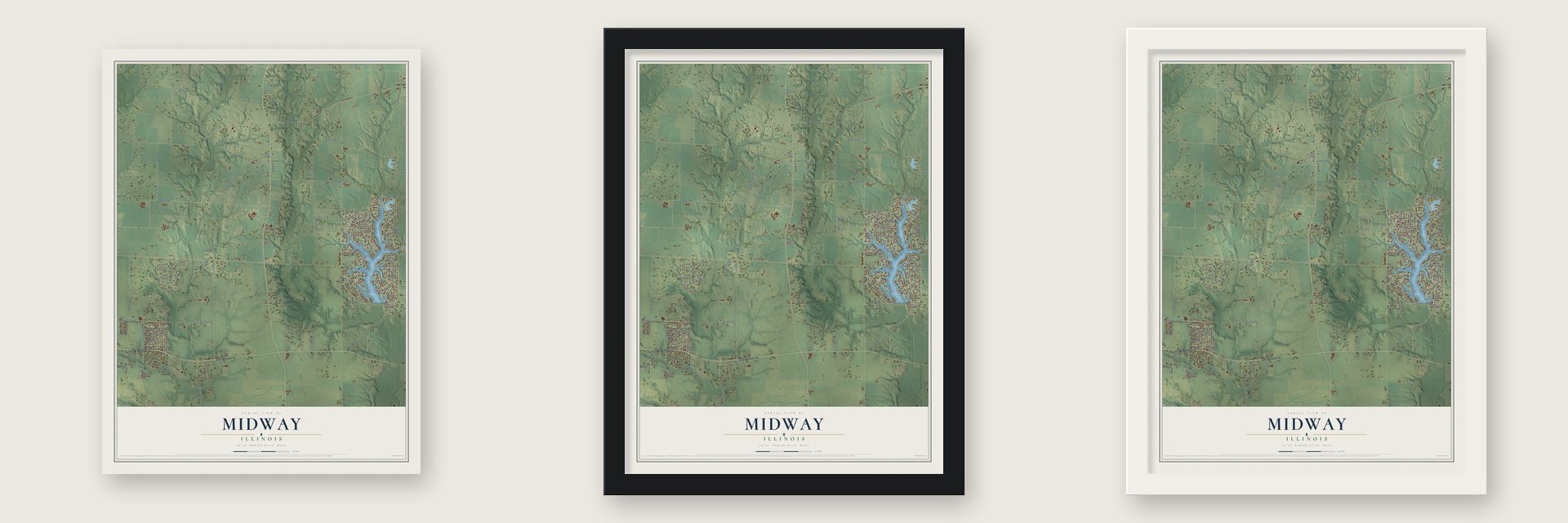 Midway, Illinois map unframed, in a black wood frame and in a white wood frame