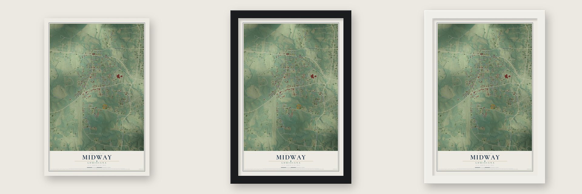 Midway, Louisiana map unframed, in a black wood frame and in a white wood frame