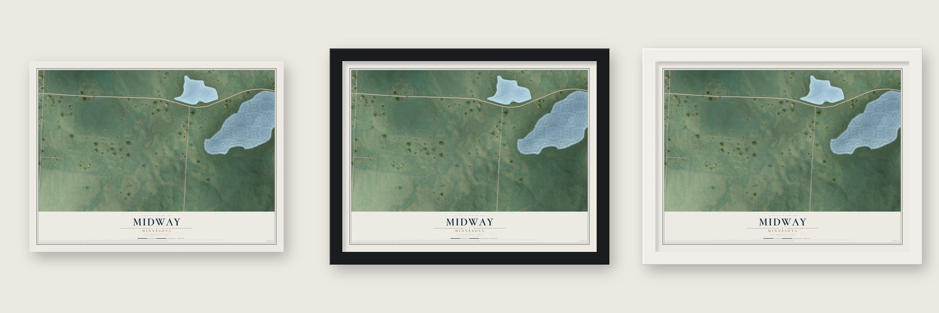Midway, Minnesota map unframed, in a black wood frame and in a white wood frame