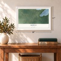 Midway, Minnesota map, 12 x 18 inch print in a white frame in an entryway
