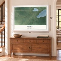 Midway, Minnesota map, 24 x 36 inch print in a white frame above a dresser by a staircase