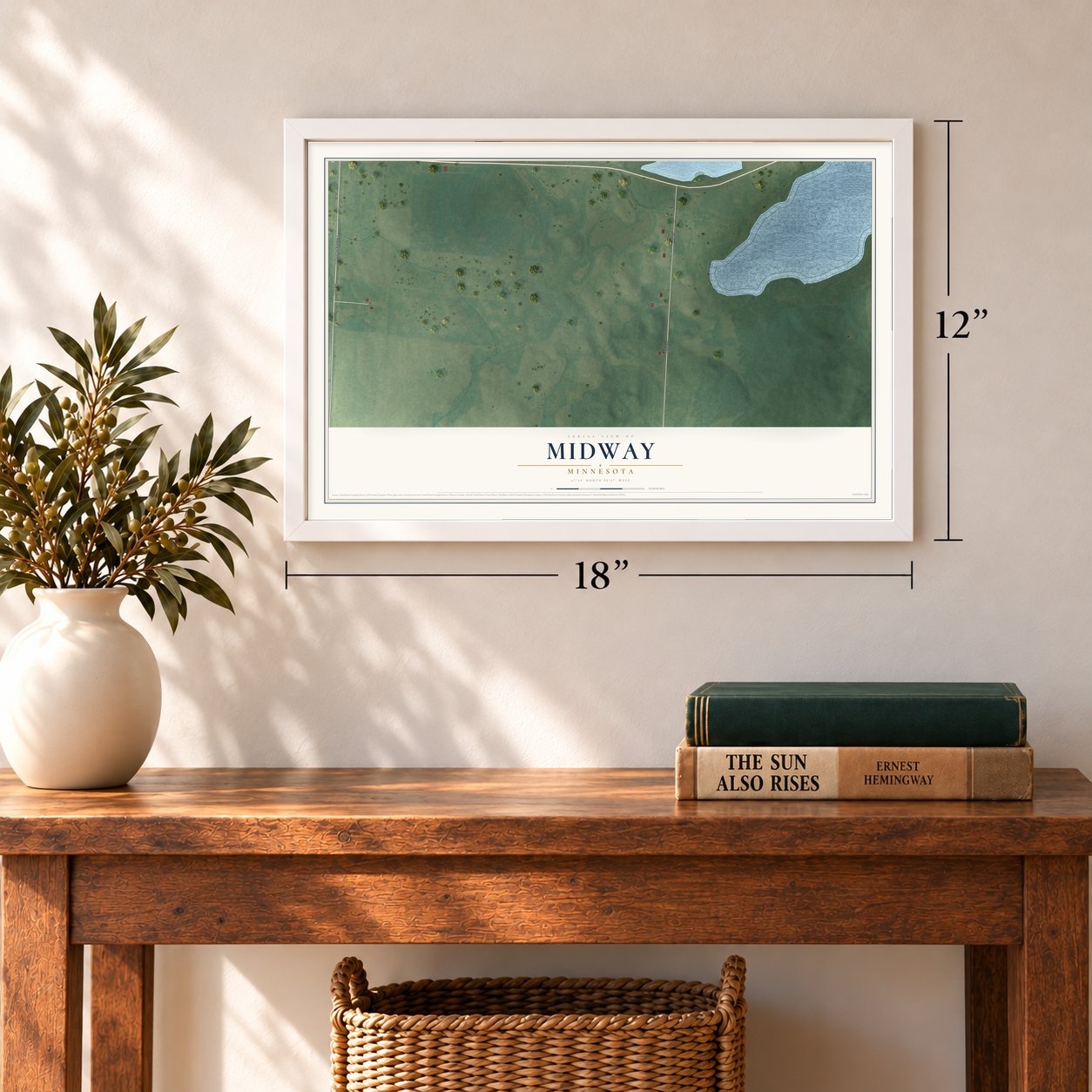 Midway, Minnesota map, 12 x 18 inch print in a white frame in an entryway