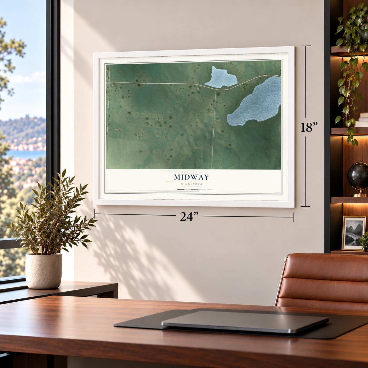 Midway, Minnesota map, 18 x 24 inch print in a white frame in a home office