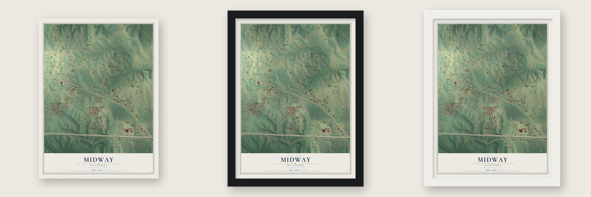 Midway, Missouri map unframed, in a black wood frame and in a white wood frame