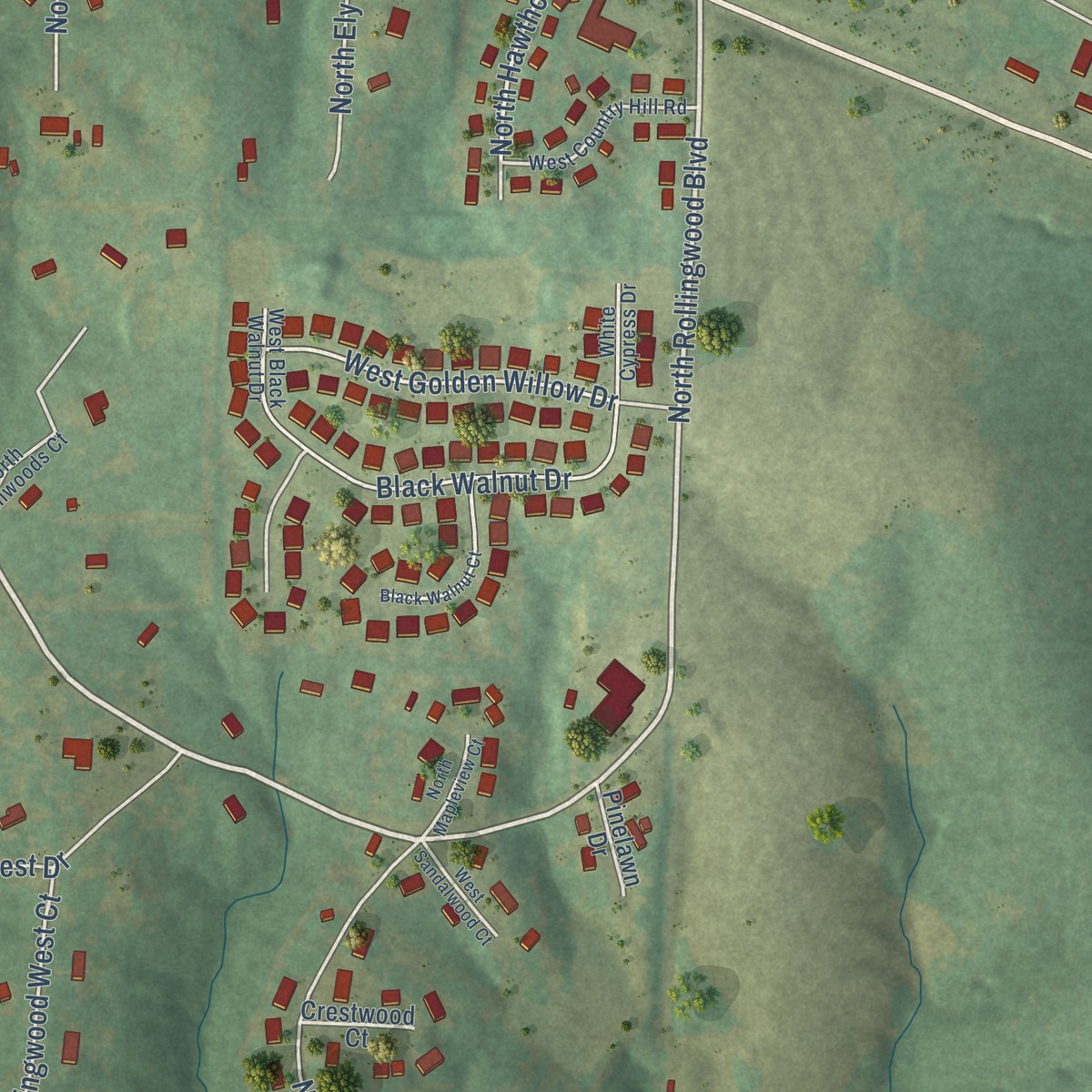 Second close-up of the map of Midway, Missouri print showing more streets and buildings