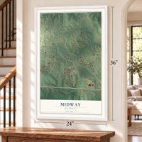 Midway, Missouri map, 24 x 36 inch print in a white frame by a staircase