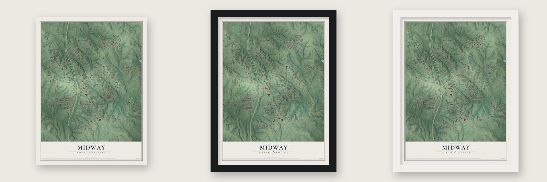 Midway, North Carolina map unframed, in a black wood frame and in a white wood frame