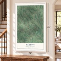 Midway, North Carolina map, 24 x 36 inch print in a white frame by a staircase
