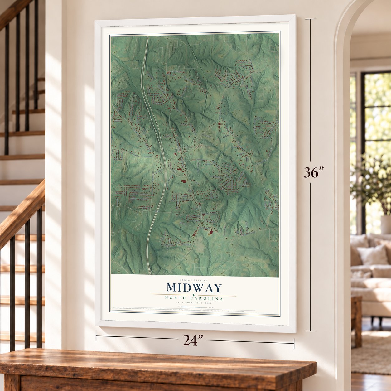 Midway, North Carolina map, 24 x 36 inch print in a white frame by a staircase