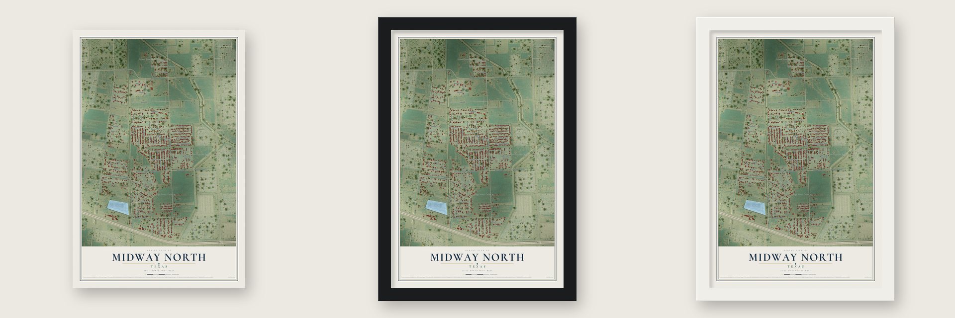 Midway North, Texas map unframed, in a black wood frame and in a white wood frame