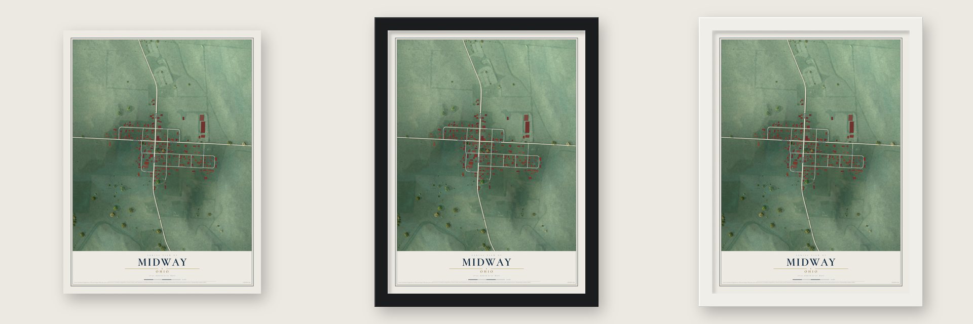 Midway, Ohio map unframed, in a black wood frame and in a white wood frame