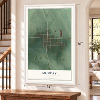 Midway, Ohio map, 24 x 36 inch print in a white frame by a staircase